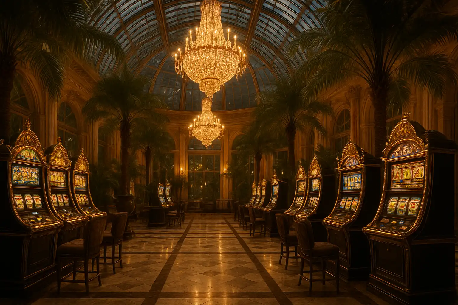 Grand marble conservatory casino floor with crystal chandeliers and exotic plants under glass ceilings