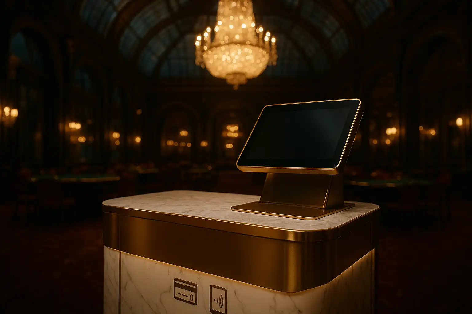 Gold cashier kiosk with bank card icons inside a marble casino conservatory