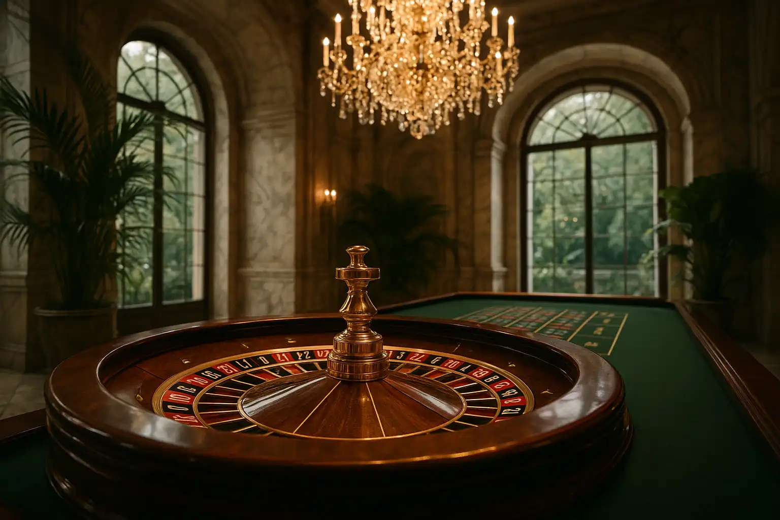 Elegant roulette table with gold wheel under a crystal chandelier in a marble hall