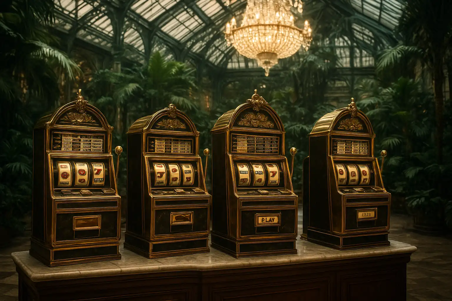 Row of elegant slot machines with gold trim inside a marble conservatory hall