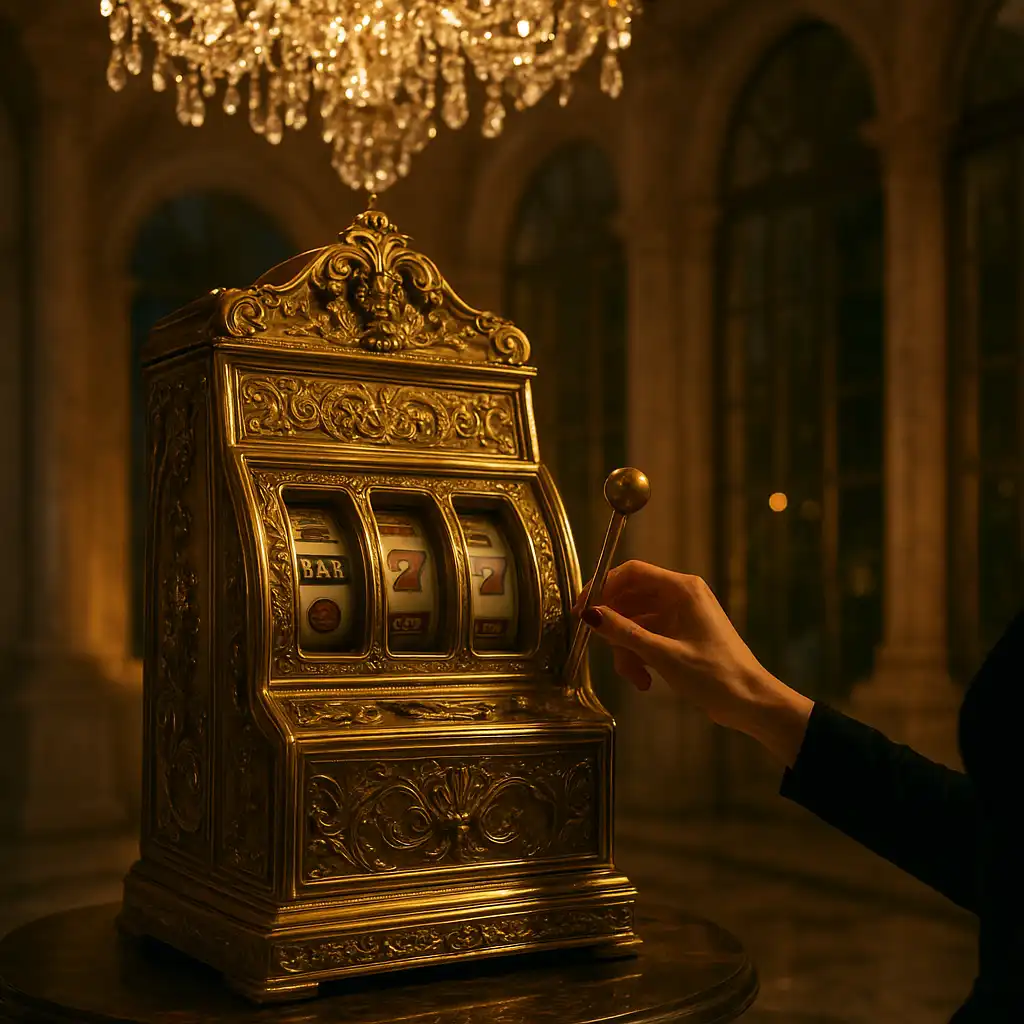 Player spinning a slot machine reel under a chandelier at WinCleo Casino