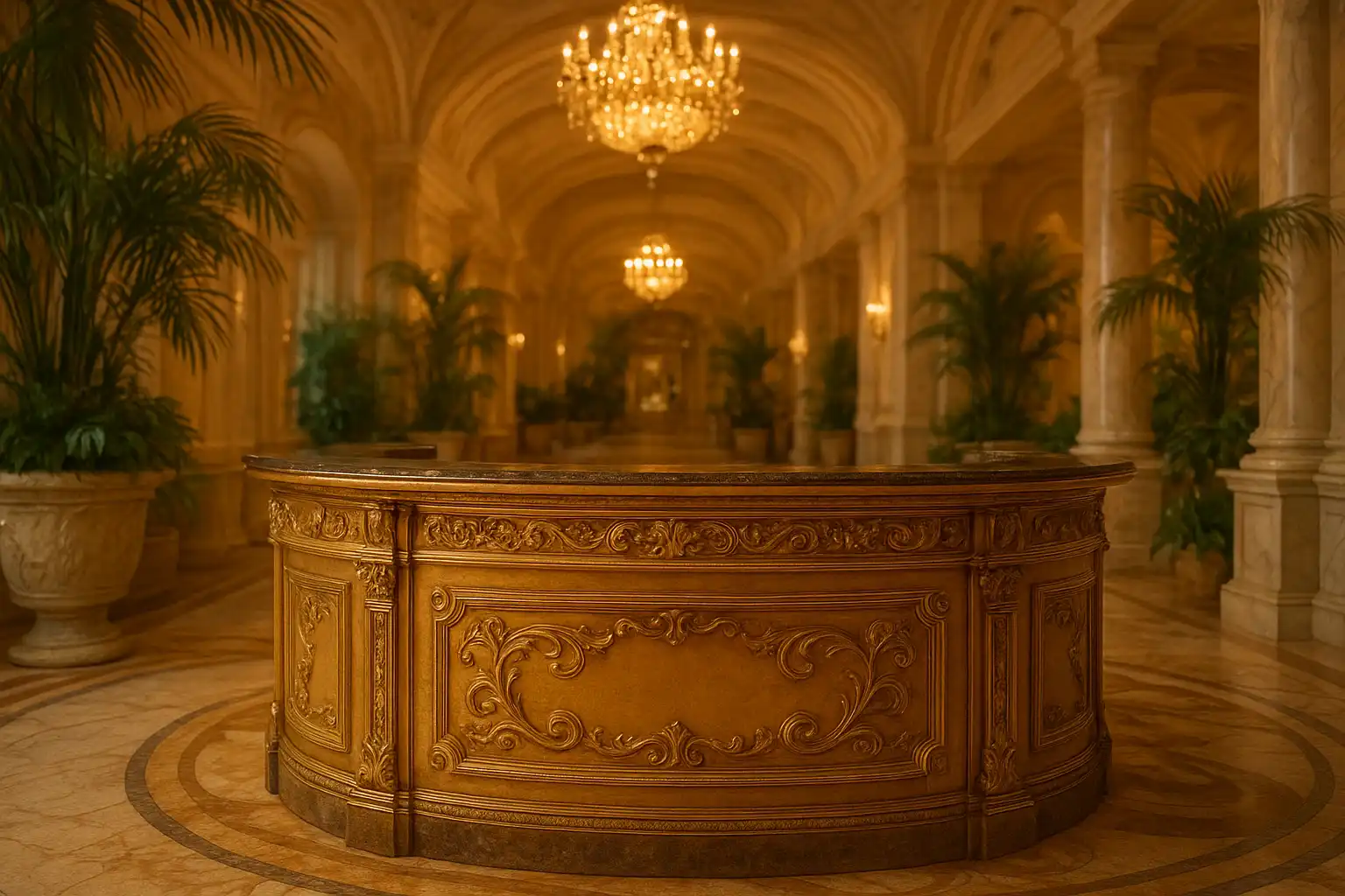 Concierge desk with gold fittings inside a marble conservatory casino lobby